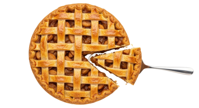 Classic apple pie with a lattice crust and a slice being served isolated PNG with Transparent Background