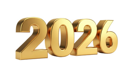 2026 Gold 3D Rendered Text for New Year Celebration isolated PNG with Transparent Background