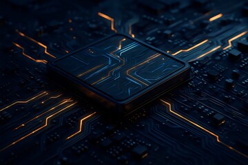 Close-up of Futuristic Microchip with Glowing Circuit Board Connections