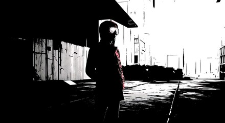 A solitary figure wearing a helmet and goggles stands in a stark, high-contrast urban alley, partially illuminated.