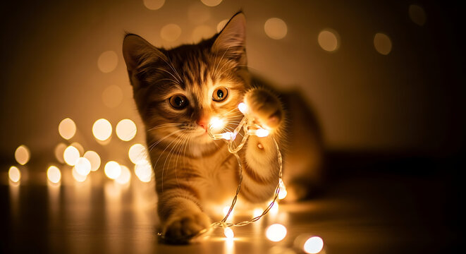 A playful tabby kitten interacts with a string of warm, glowing fairy lights on a dark surface, creating a cozy and magical atmosphere.