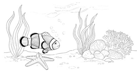 Charming clownfish swims in vibrant underwater scene with anemone and starfish, perfect for kids.