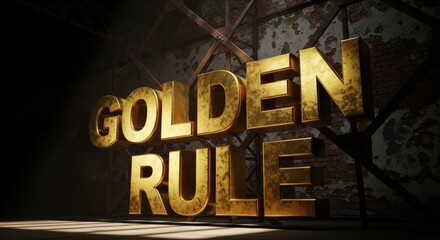 Majestic Golden Rule 3D Text Illuminated in Grungy Industrial Setting