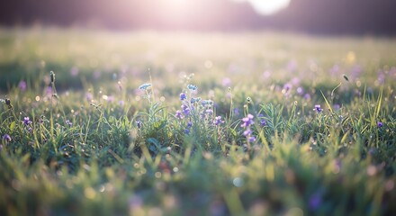 Close-up view of a sunlit meadow filled with wildflowers and grass, creating a serene, natural scene.