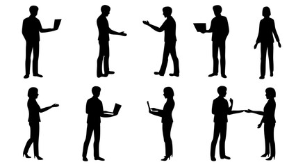Silhouette illustrations of people standing and interacting with each other and with laptops