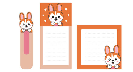 A set of bookmarks and writing sheets with a cute little fox. Vector graphics. Chancellery