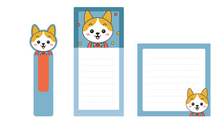 A set of bookmarks and sheets for notes with a fox cub. Vector graphics. Chancellery