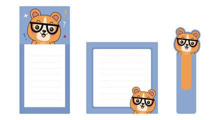 A set of bookmarks and writing sheets with a bear in glasses. Vector graphics. Chancellery