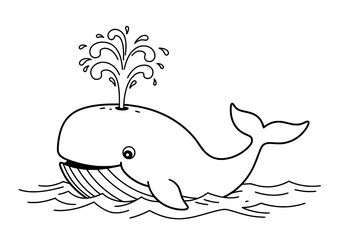Naklejka premium Joyful whale spouting water in stylized ocean waves, perfect for children's books and playful designs