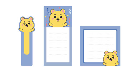 A set of bookmarks and writing sheets with a yellow cheerful bear. Vector graphics. Chancellery