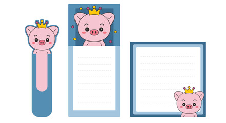 A set of bookmarks and writing sheets with a cute piglet in a crown. Vector graphics. Chancellery