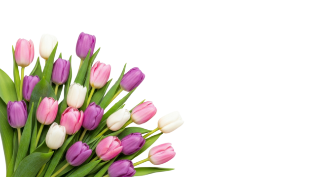 Spring floral banner with a bouquet of colorful pink, purple and white tulips isolated PNG with Transparent Background