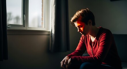 A woman sits in a dimly lit room, head bowed, with sunlight casting a red glow on her face, creating a somber and introspective mood.