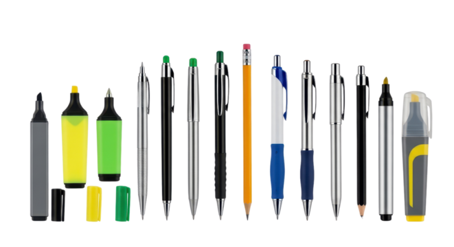 Stationery collection of various pens, pencils, and highlighters isolated PNG with Transparent Background