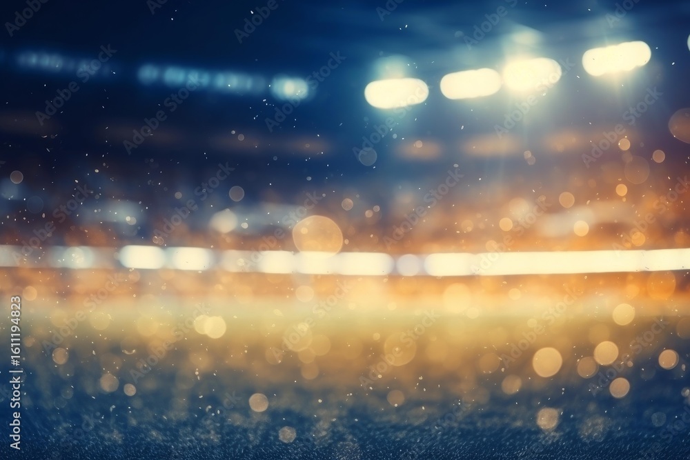 Poster empty stadium field illuminated by blurred lights at night, creating a magical bokeh effect
