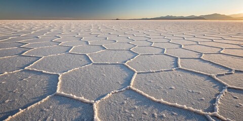 Expansive hexagonal salt flats glimmer under the warm embrace of the setting sun at a remote location Generative AI