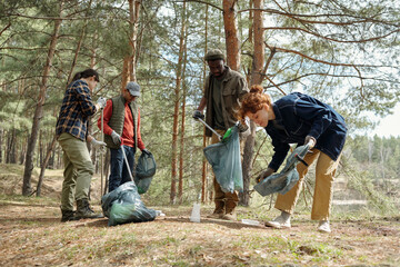 Group of young adult and middle aged multiethnic men and women collecting trash in forest, using...