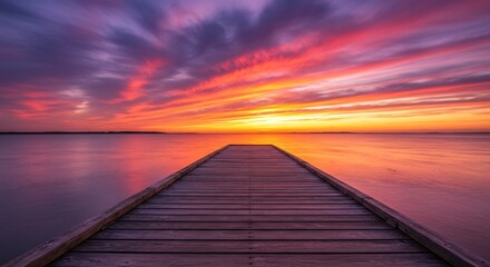Fototapeta premium Long wooden pier leading into the ocean during a dramatic and colorful sunset.