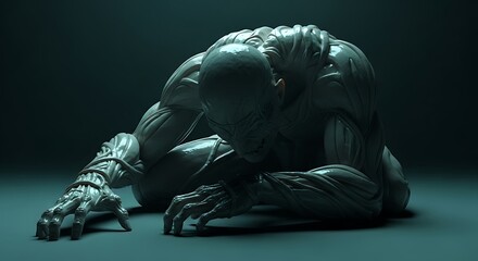 Anatomical rendering of a muscular humanoid creature in a pose of despair, crouched in darkness with dramatic top lighting.