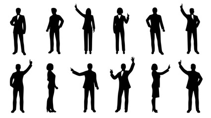 Silhouette illustrations of business people in various poses and gestures on a white background