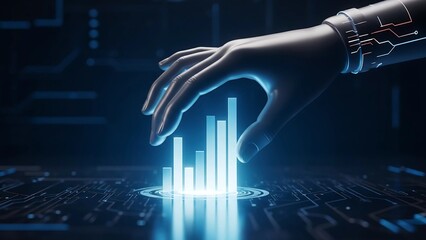 This image displays a stylized human-like hand interacting with a glowing blue bar chart emerging from a futuristic circuit board, symbolizing AI-driven data analysis, digital business, and technologi