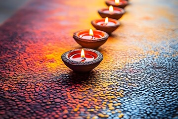 A row of bright clay oil lamps with flickering flames casts warm light on a textured surface, showing beautiful color changes.