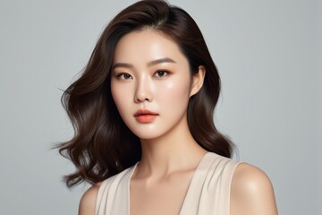 Naklejka premium Elegant portrait of a woman with soft makeup and flowing hair