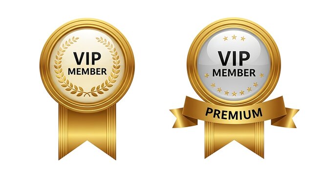 Golden VIP Member and Premium Badge Vector Illustration Showing Exclusive Benefits and Luxury Experiences With Laurel
