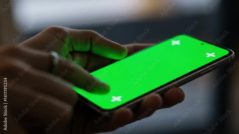 Aufkleber close up of hands using a smartphone with green screen for chroma key compositing and visual effects