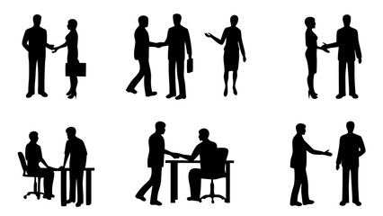 Silhouetted business people in various professional interactions and handshakes on a white background