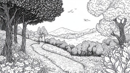 Forest Path Landscape Drawing