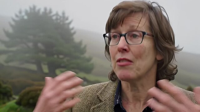 Woman with glasses speaks in a misty landscape, wearing tweed jacket and patterned shirt
