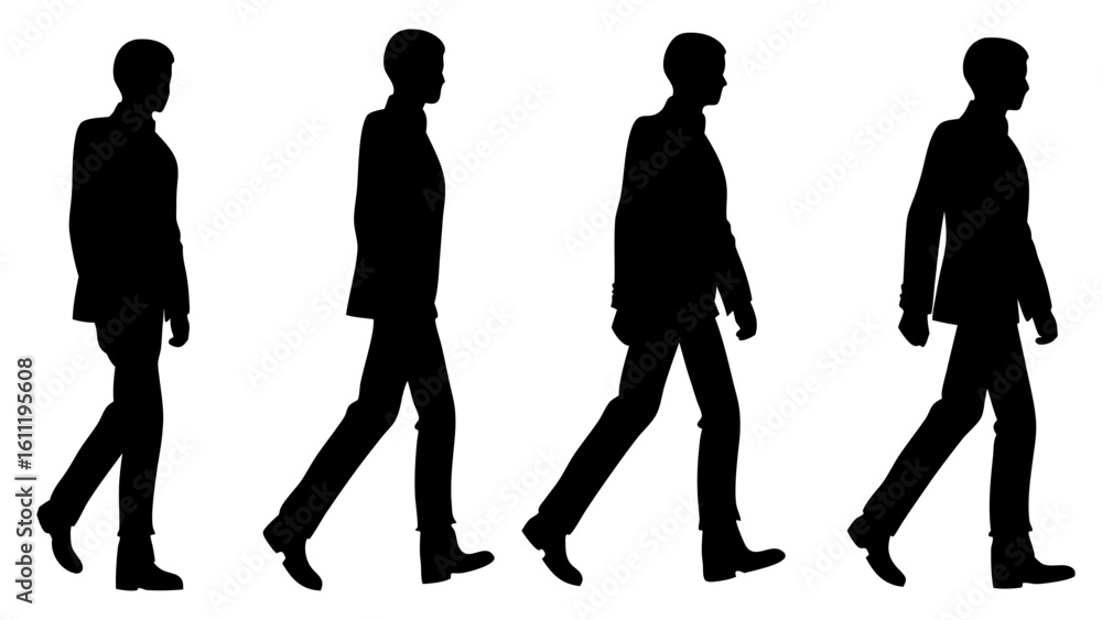 Poster silhouettes of four men walking in suits in a row against a white background in a side view image