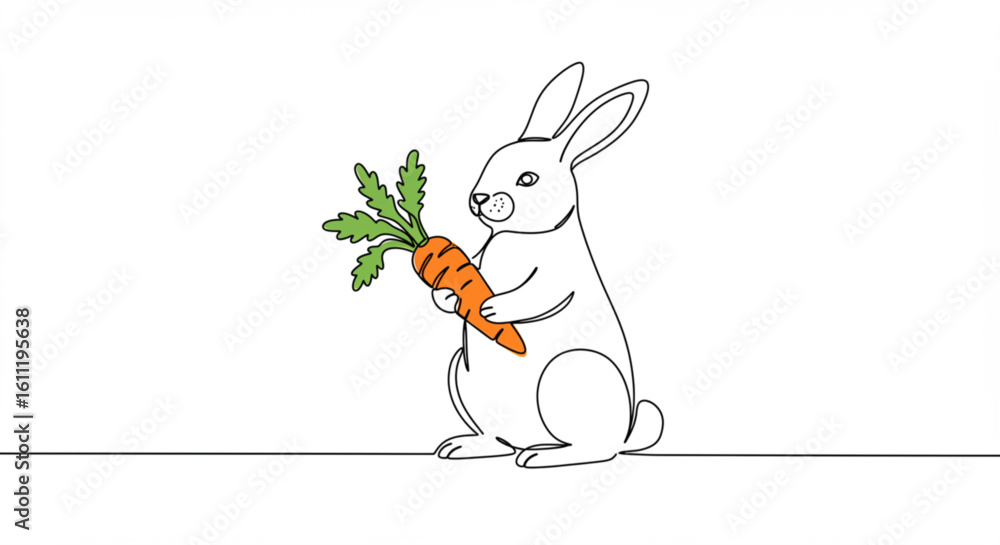Poster rabbit holding carrot in single line outline vector style