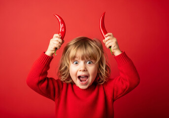 A playful young girl in a red sweater making a fun face while holding two red chili peppers up to her head like horns on a red background