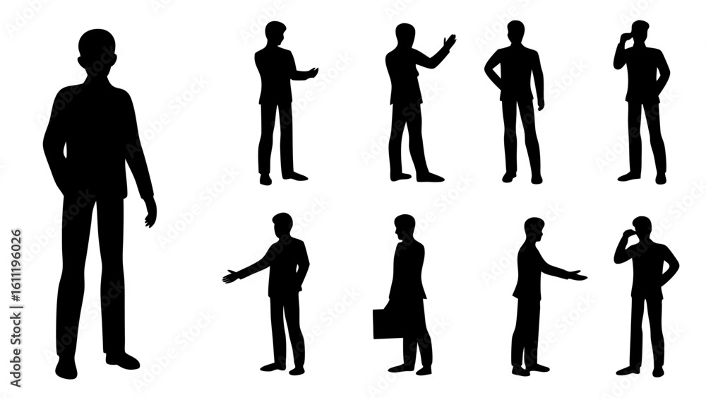 Poster silhouette illustrations of men in suits in various poses and actions on a white background design a