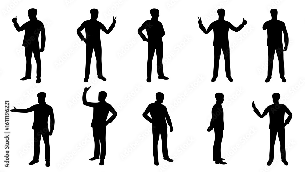 Poster silhouette collection of men in various poses standing and gesturing on a white background isolated 
