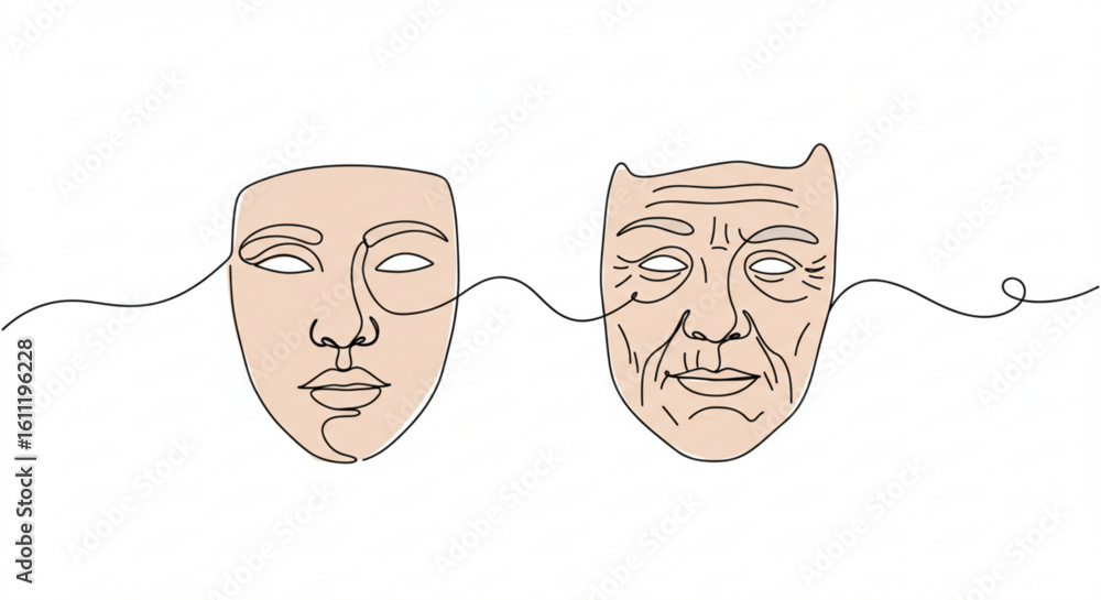Poster abstract line art depicting two faces representing emotions and aging concept of single line outline