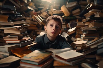 Thoughtful boy resting on a pile of books in a library, enjoying the pleasure of reading and dreaming