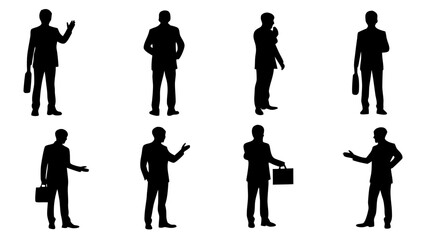 Silhouettes of business people in suits standing in various poses with briefcases and hand gestures