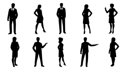 Silhouette illustrations of business men and women in various poses on a white background design art