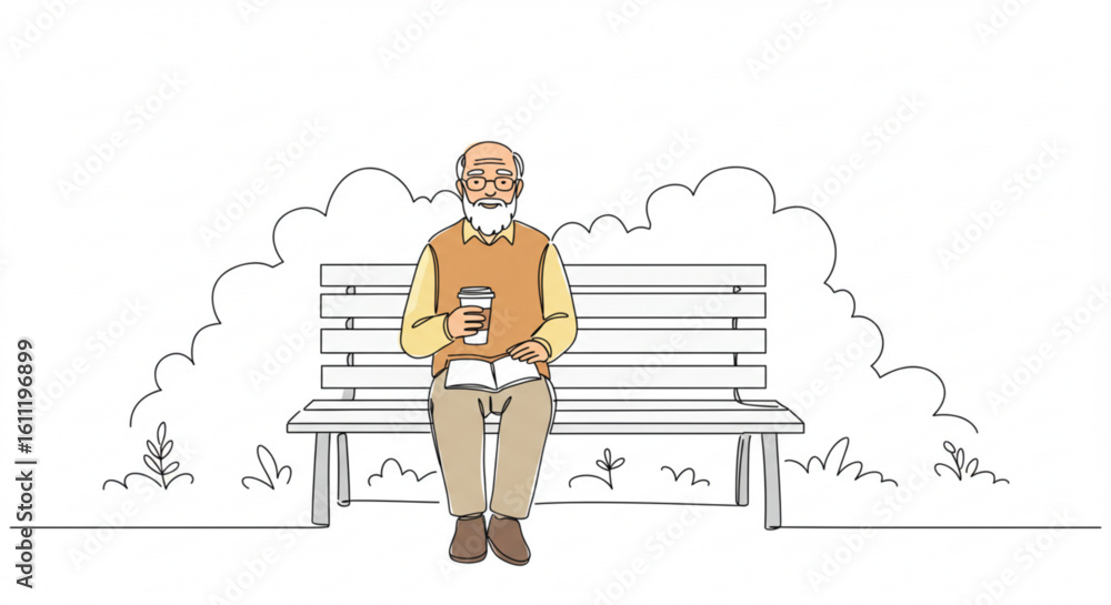 Poster elderly man sitting on a bench reading a book in a park setting - concept of single line outline vec