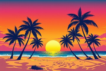 Vibrant Sunset Over Tropical Beach with Silhouetted Palm Trees