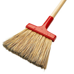 Close up of a push broom with wooden handle