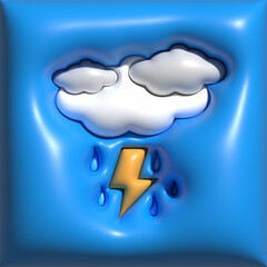 3D render cute clouds, lightning bolt and water drops, three dimensional symbols or weather icon