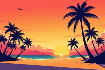 Tropical Sunset with Silhouetted Palm Trees and Colorful Sky