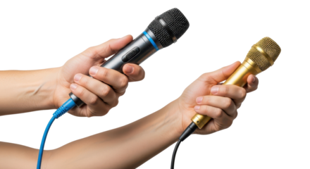 Hands of journalists holding microphones for an interview or press conference isolated PNG with Transparent Background