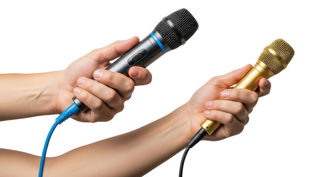 Hands of journalists holding microphones for an interview or press conference isolated PNG with Transparent Background