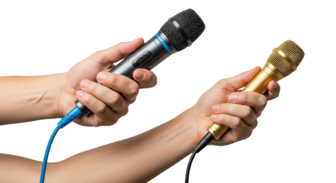 Hands of journalists holding microphones for an interview or press conference isolated PNG with Transparent Background - Powered by Adobe
