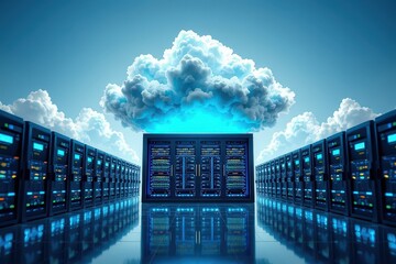 Futuristic Data Center with Cloud Computing Concept and Servers